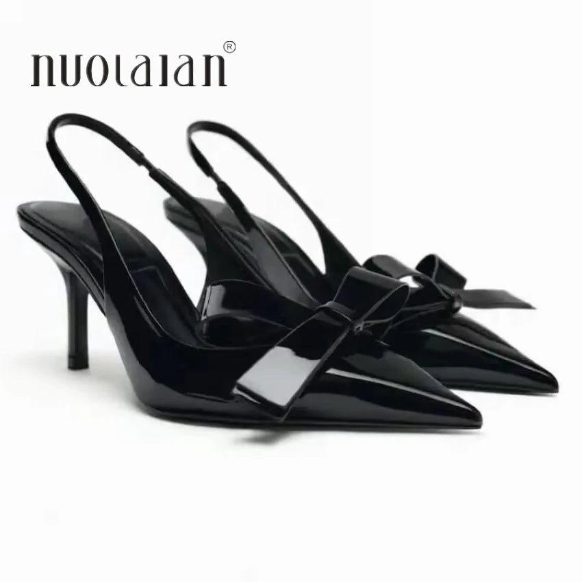 Women Black Bow High Heels Slingback Pointed toe Heeled for Woman Pumps Wedding Butterfly High heels Ladies Office Modern Heels