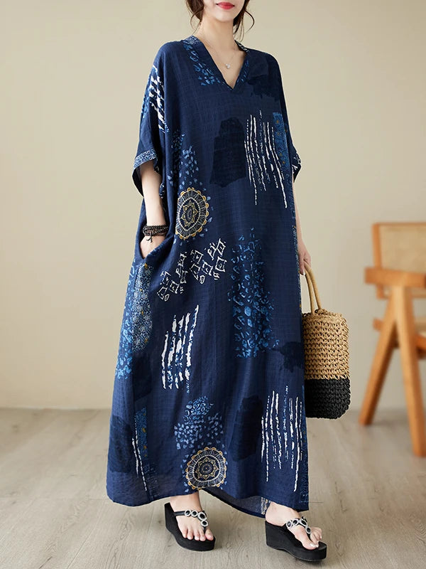 V-Neck Loose Cotton Linen Beach Skirt Summer Casual Long Dress Cover up Retro Style Holiday Fashion plus Size Women's Dress