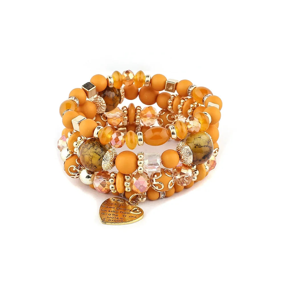 4Pcs Boho Crystal Beads Chain Bracelet Set For Women Vintage Heart Charm Elastic Bangle Men Fashion Party Jewelry