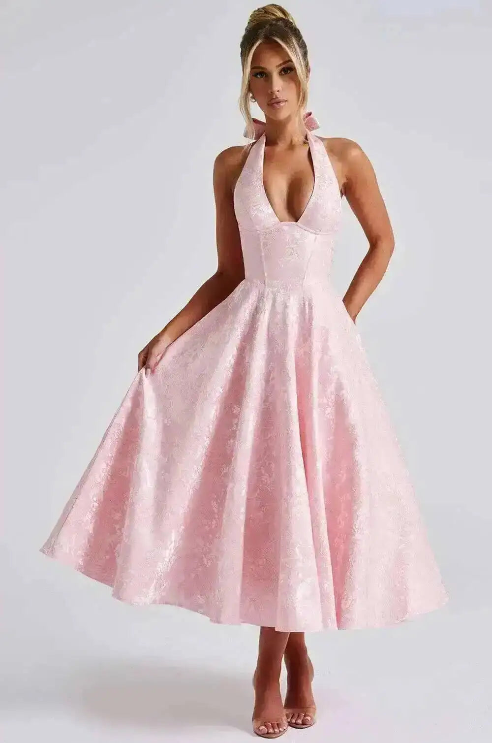 Giyu Club Evening Party Dresses Women 2025 Summer Sexy Bow Halter Long Dress Elegant Jacquard Lace Up Backless Birthday Robe