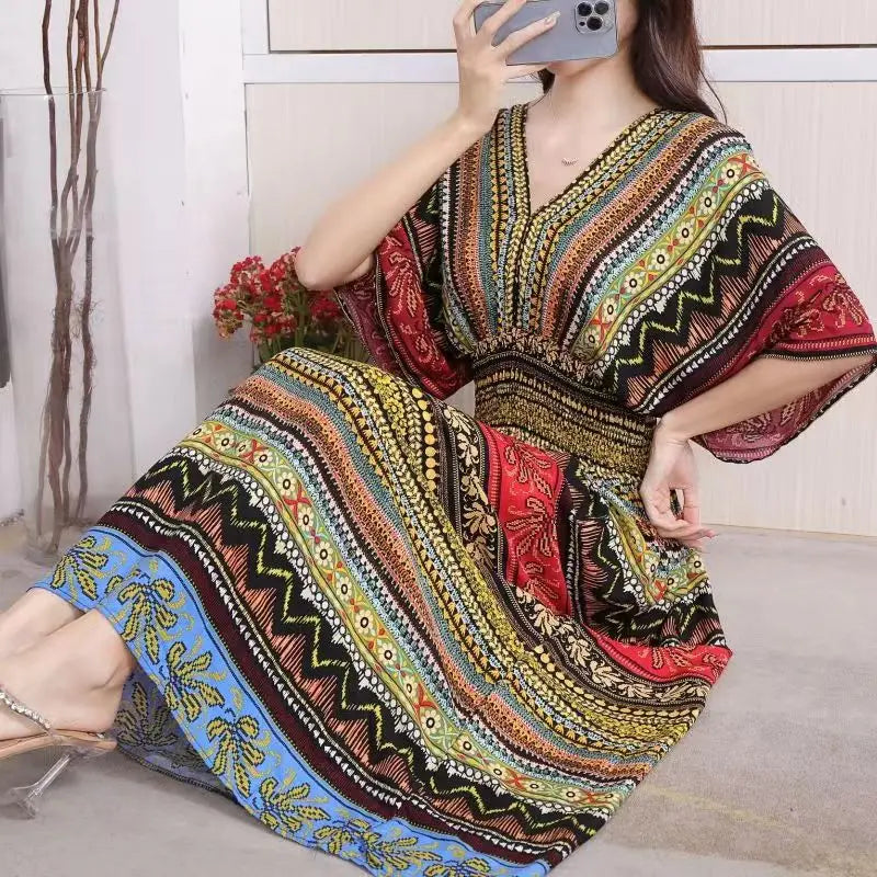 2025 Summer New Casual Elegant Retro Bohemian Style V-neck Elastic Waist Large Swing Printed Long Skirt Autumn Summer Dress