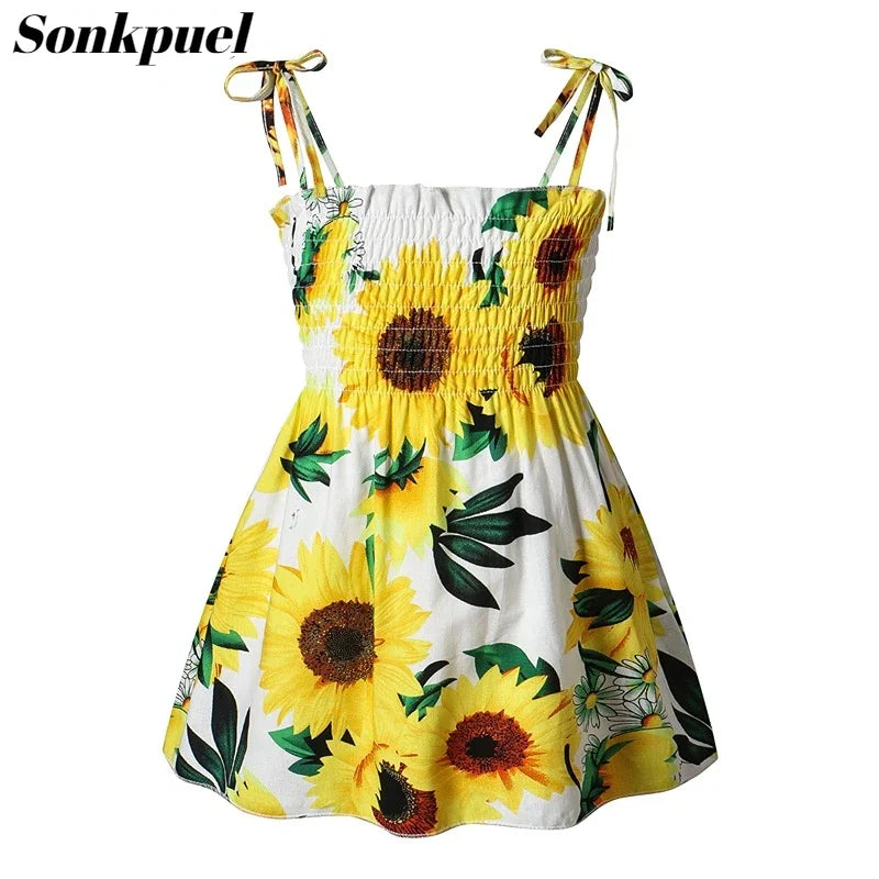 1-6 Years Kids Girls Sleeveless Flower Sundress Summer Beach Strap Princess Dress Cotton Children Clothes Girls Casual Dresses