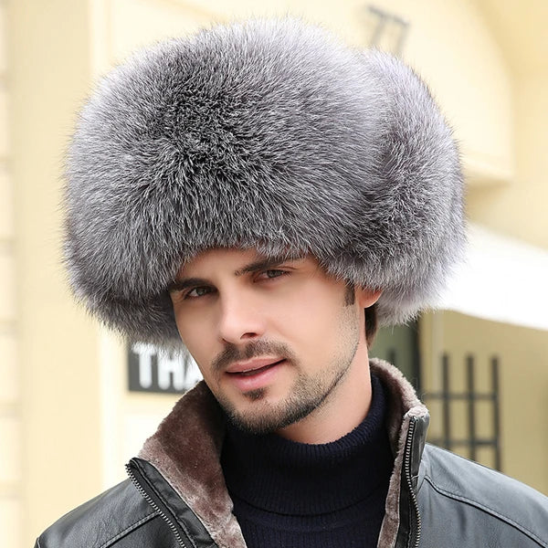 Winter Men's Ushanka Cap Real Silver Fox Fur Hooded Raccoon Fur Trapper Russian Ski Hat Real Leather