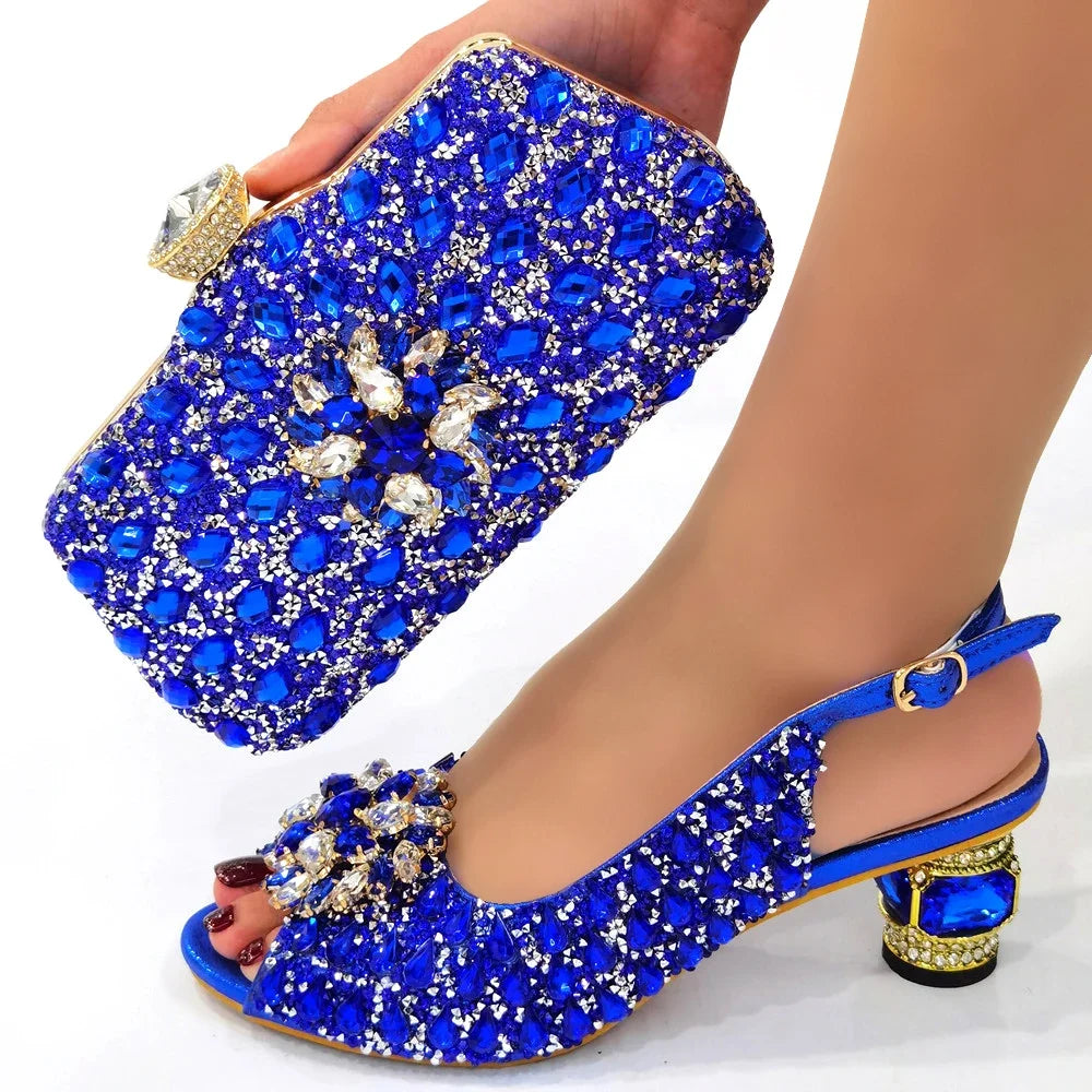 Ladies Italian Leather Shoe and Bag Set Blue Color Italian Shoe with Matching Bag Set 2022 Nigerian Shoes and Bag Set for Party