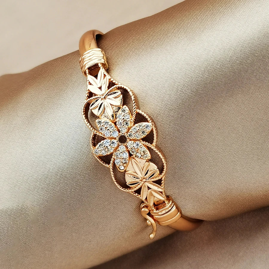 1Pcs Women's Gold Plated Flower Zircon Bangle, Hollow Filigree Design, Elegant Statement Bracelet for Daily Wear