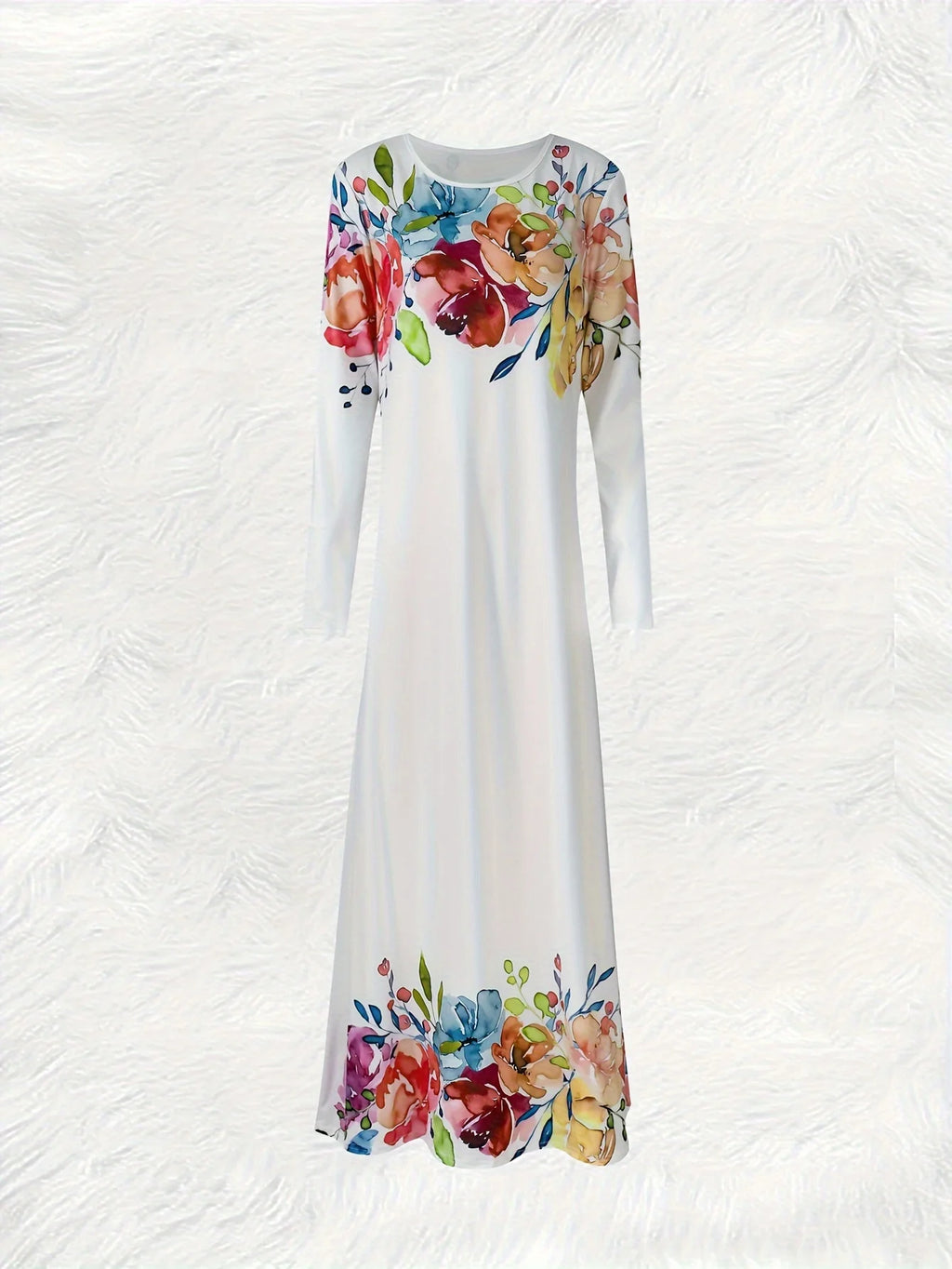 Floral Embroidered Long Sleeve Dress Vacation Style Summer Casual A Line Midi Dress for Women Round Neck Lightweight Flowy
