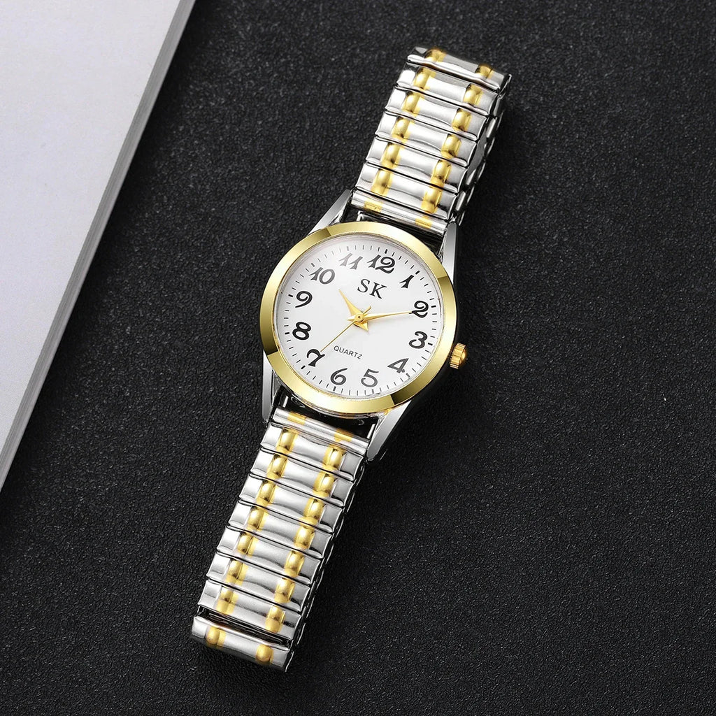 5PCS/Set Fashion Arabic Dial Women Quartz Watches Elastic Strap Ladies Wristwatch Heart Jewelry Set Reloj Mujer (Without Box)