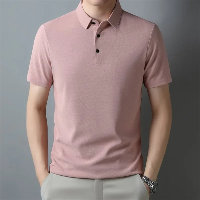 New Men's Casual Waffle Short Sleeve Polo Shirt Fashion Solid Color Top