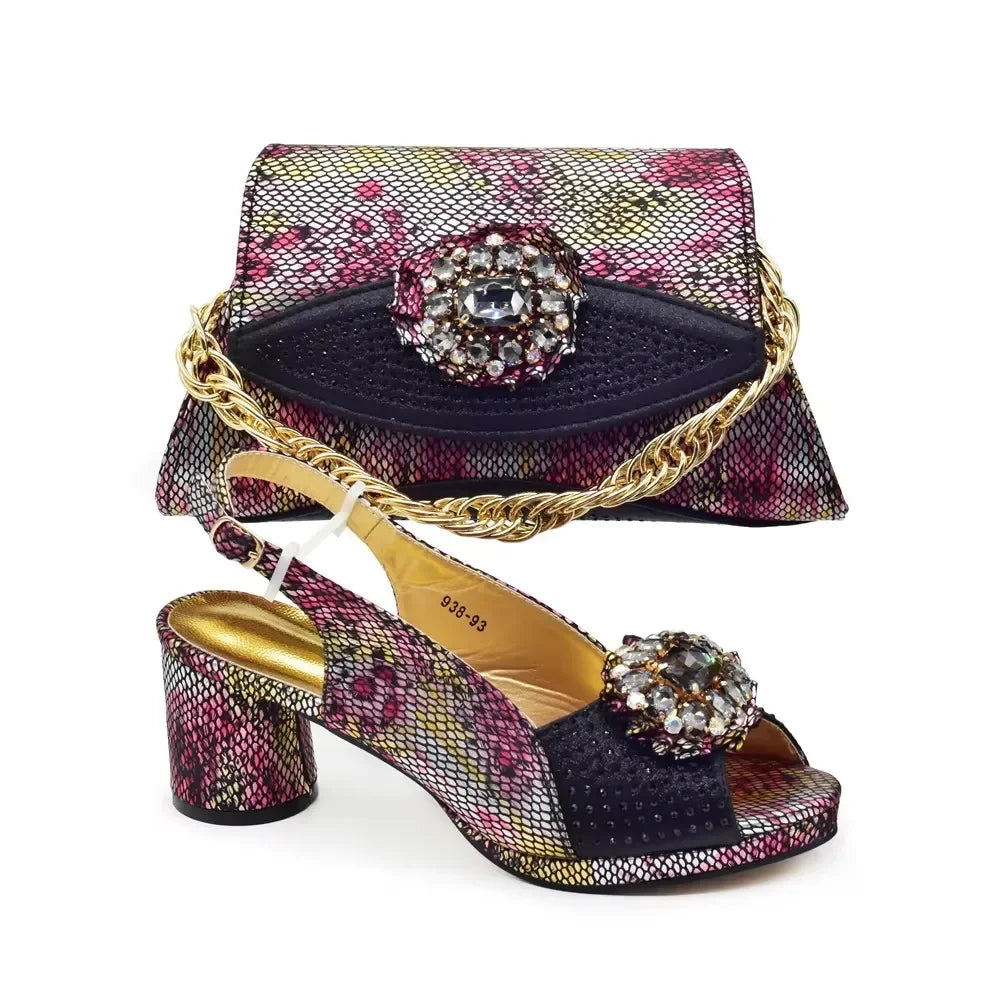 Italian Shoes and Bags Matching Set Decorated with Rhinestone Nigerian Heel Party for Women African Wedding Shoes with Bag
