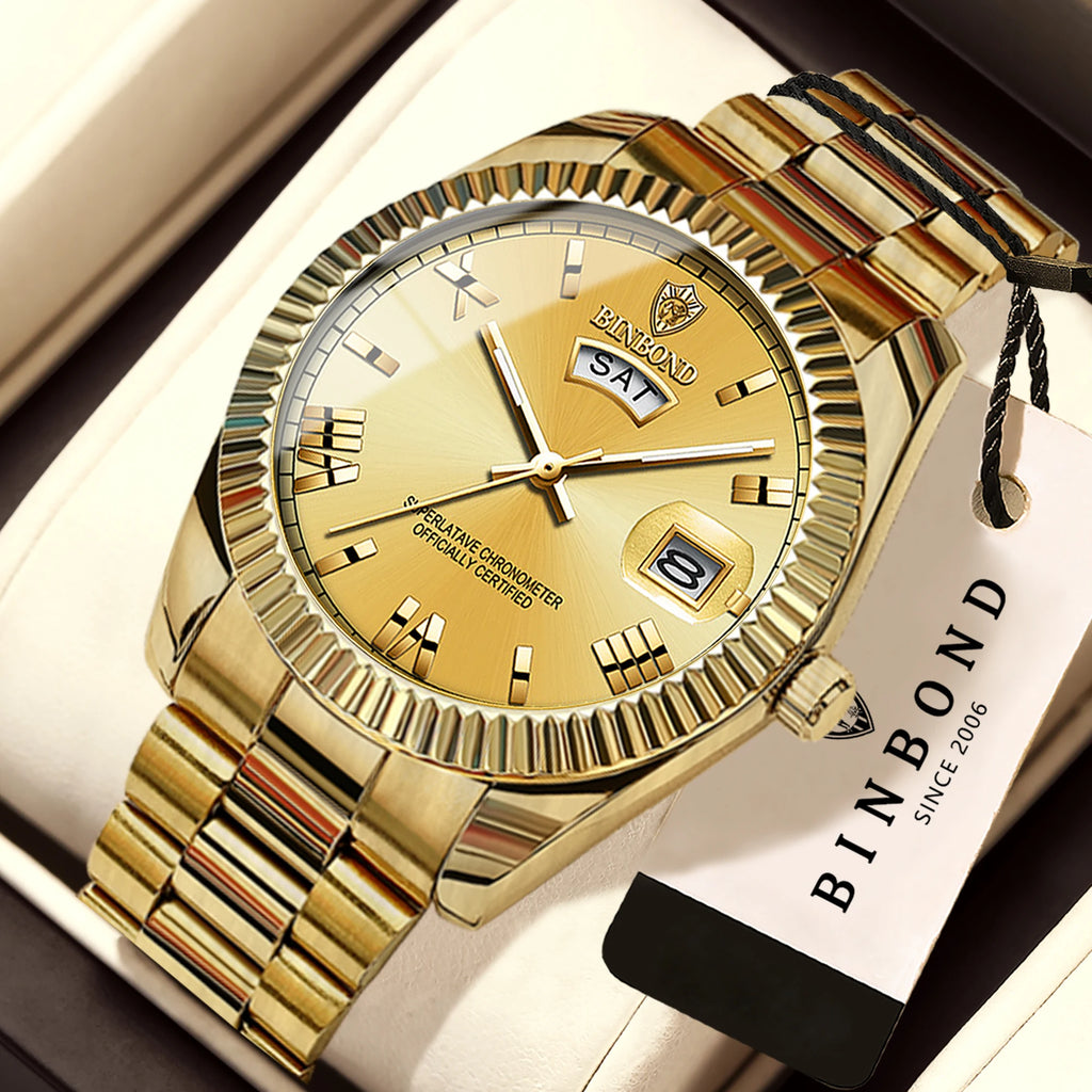 BINBOND Luxury Precise Quartz Wristwatches for Men Luminous Waterproof Week Auto Date Men's Watch Durable Fashion Casual Reloj