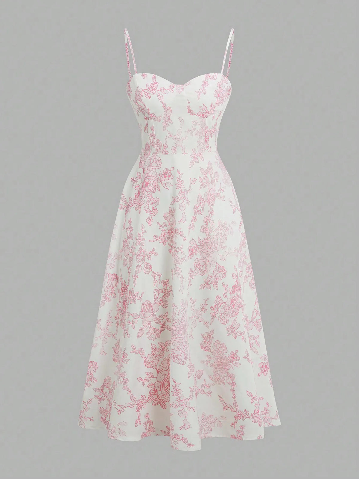 Elegant Pink Floral Print Dress with Thin Straps and a Flared Waist