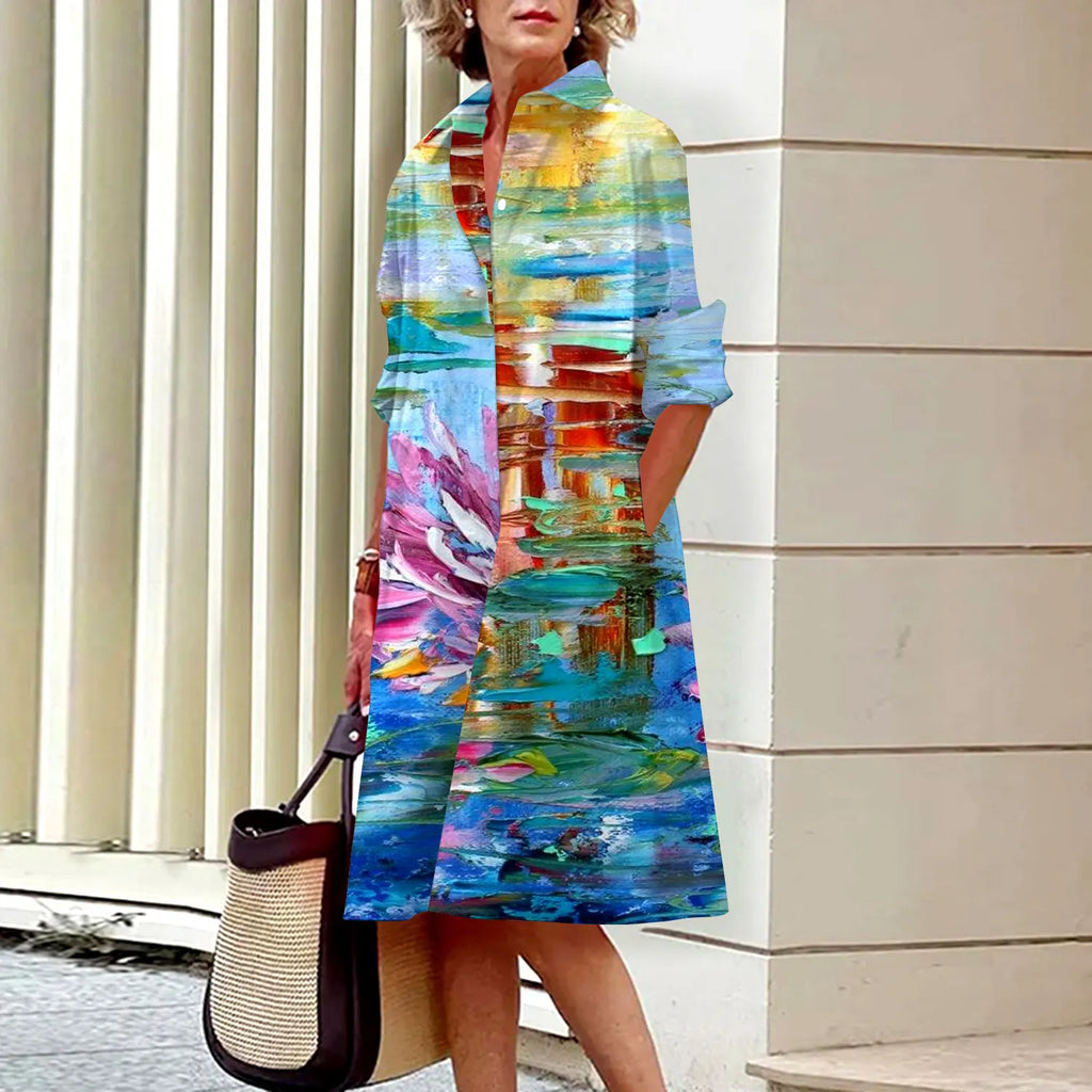 Summer New Women's Dresses Crushed Floral Long Sleeve Lapel Midi Luxury Women's Street Women's Shirt Pocket Temperament 2023