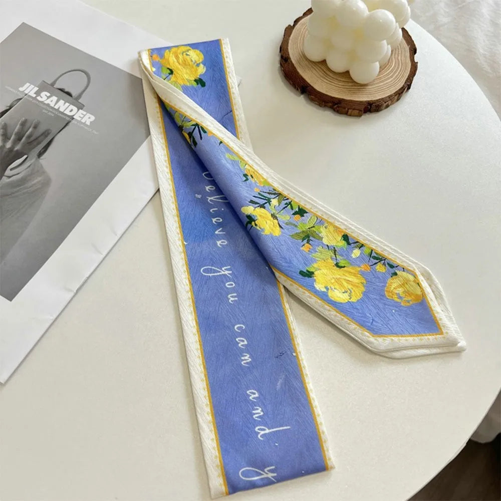 Summer Versatile Satin Silk Ribbon Scarf Long Thin Narrow Bag Strap Fresh Floral Hair Tie for Women