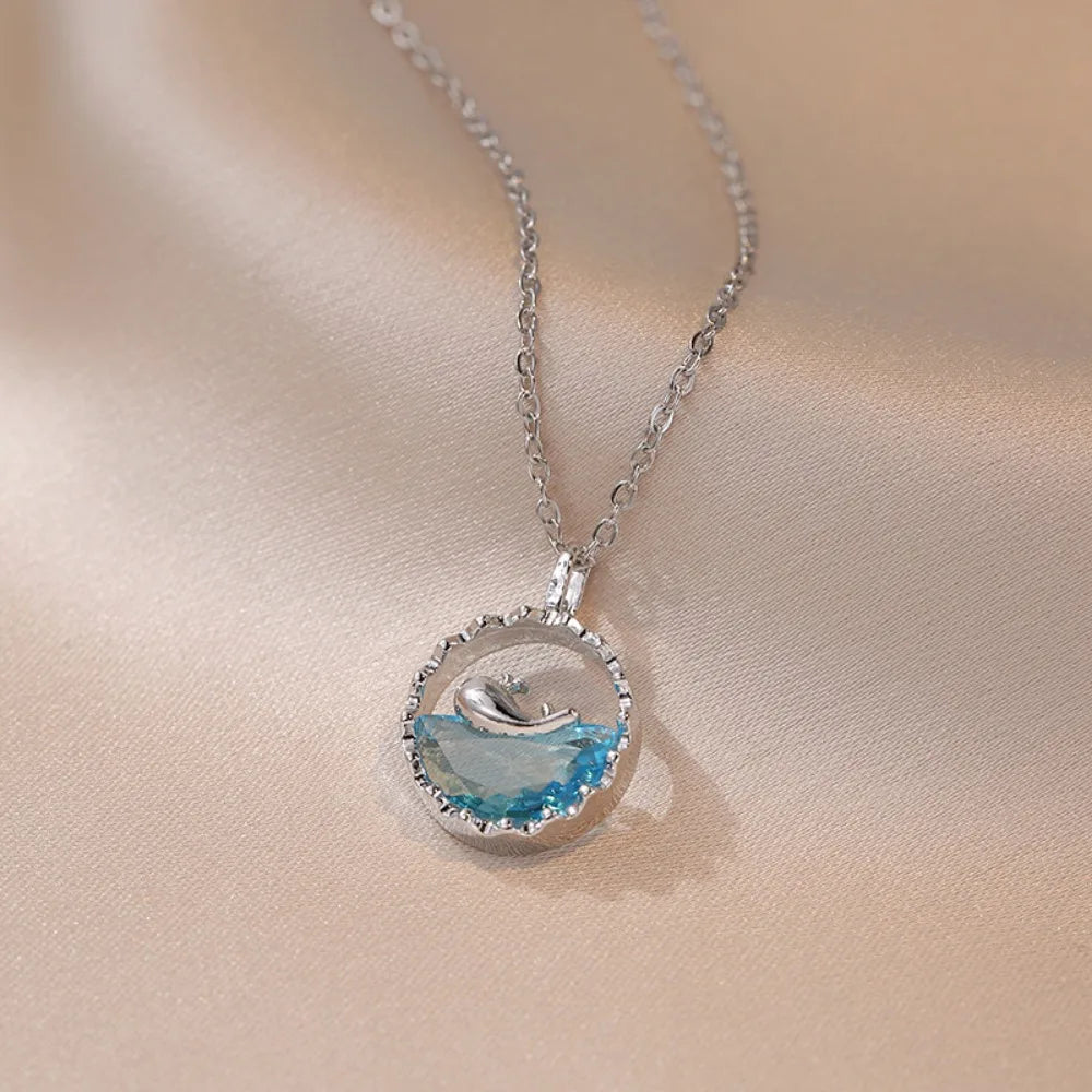 Stainless Steel Cute Sweet Blue Crystal Sea Whale Pendant Necklace for Women New Creative Design Summer Collar Jewelry Colorfast