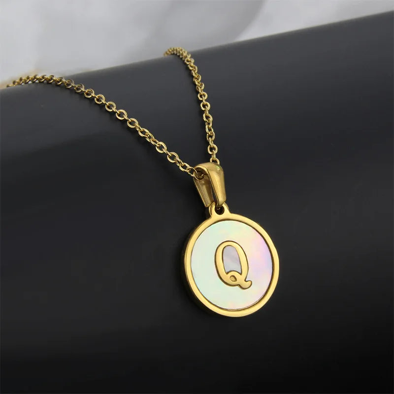 Initial Letter Necklaces for Women Trendy Stainless Steel Circle Couple Pendant Inlaid Shell Jewelry