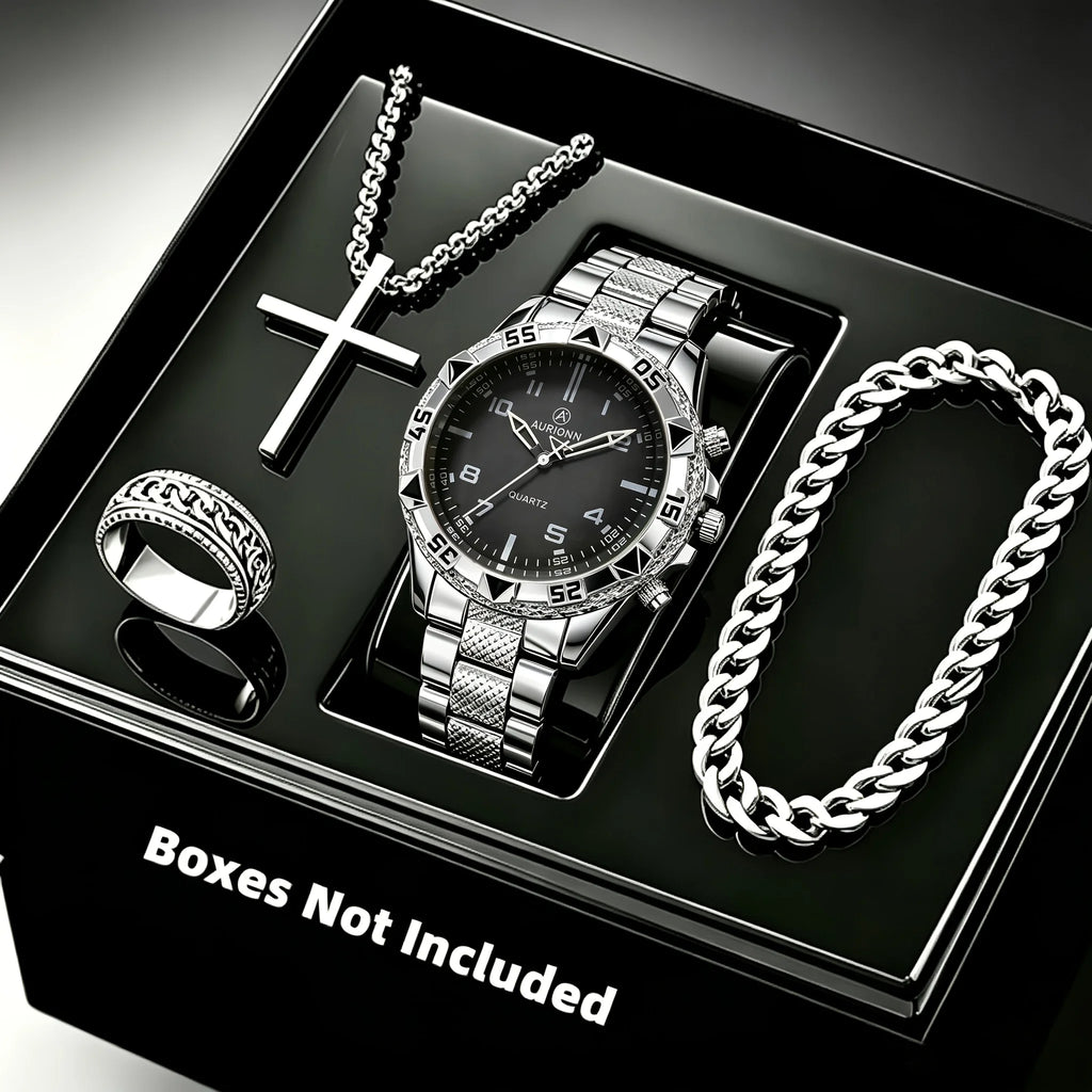 Men's Fashion Business 4-piece Set Quartz Watch with Crucifix Pendant Necklace, Bracelet and Ring Set - Alloy Strap