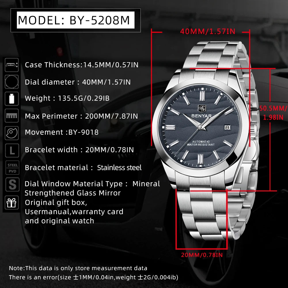 BENYAR Top Sand Series 40mm Hot Selling Mechanical Watch 316L Stainless Steel Simple 5 Bar Waterproof Automatic Men's Watch