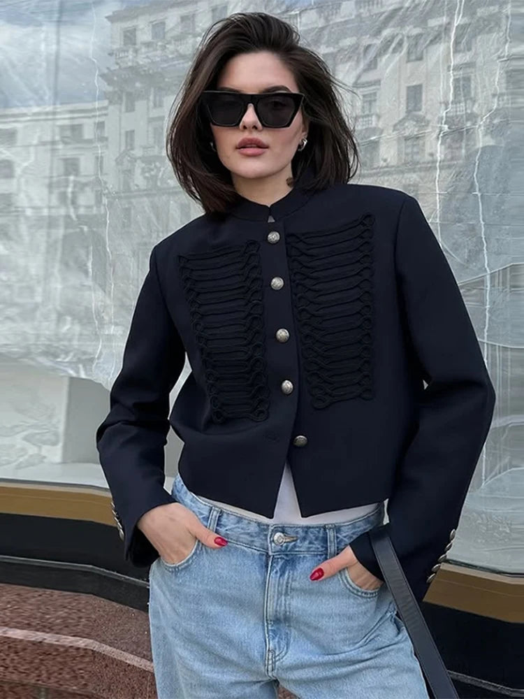 Vintage Women's Cropped Napoleon Jacket Stand Collar Single Breasted Hussar Jackets 2026 Autumn Lady Chic Black Outwear New
