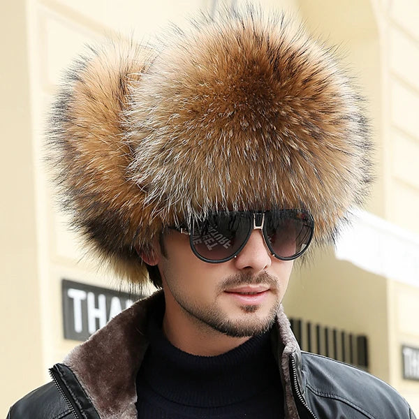 Winter Men's Ushanka Cap Real Silver Fox Fur Hooded Raccoon Fur Trapper Russian Ski Hat Real Leather