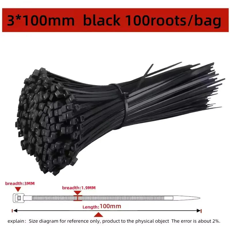 100 PCS Self-locking Plastic Nylon Tie Black Fastening Strap Cable-Tie-Set Cable Zip Tie Fastening Ring Zip Wraps Strap Tie