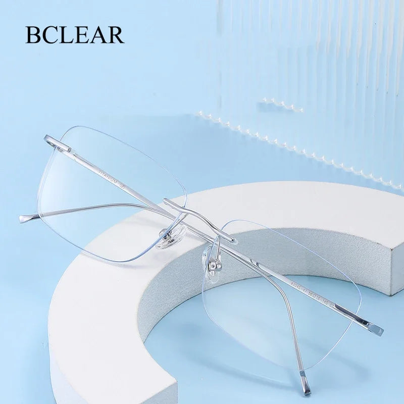 BCLEAR Classic Rimless Glasses Frame Men Ultralight Optical Prescription Eyeglasses New Pure Titanium Square Myopia Eyewear