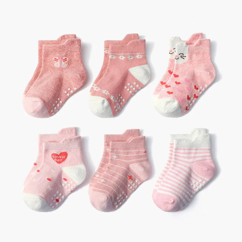6 Pairs Girls Socks Cartoon Flower Heart Pattern Non-Slip Floor Socks for Kids Baby Toddler All-Season