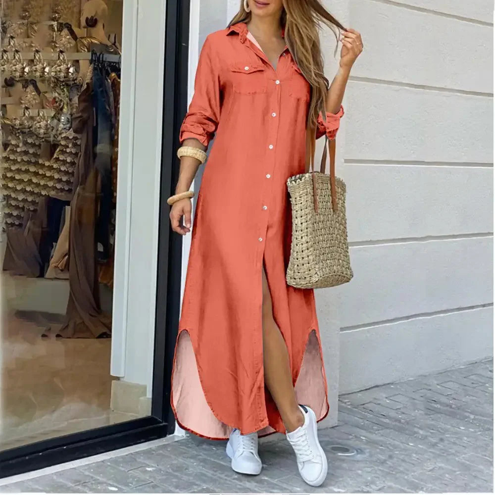 Women Shirt Dress Single Breasted Long Dresses Full Sleeve Turn Down Collar Solid Vestidos Shirts Pockets Split Casual 2025