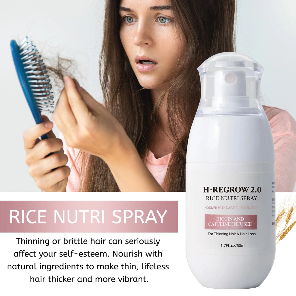 H-REGROW 2.0 Rice Nutri Hair Spray 50ml, Biotin Caffeine Ginger Rice Protein Infused, Nourishing Scalp Care Spray for Thin & Fragile Hair Daily Use