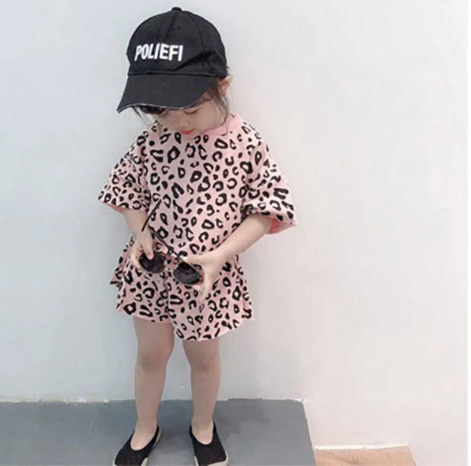 Baby Outfit Children Leopard 2 Pcs T Shirt and Shorts Kids 1-6 Years Girls Short Sleeve Fashion Suit Summer Korean Clothing Set