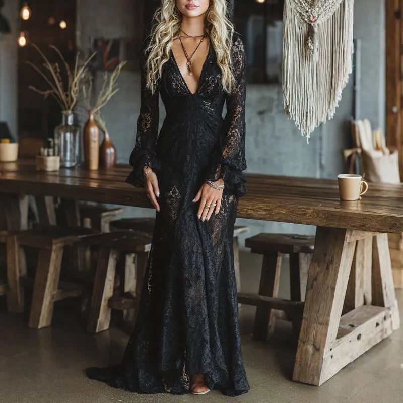 Deep V Neck Lace Embroidery Dress Woman High Waist Chic Hollow Out Jacquard Crochet Dress Autumn Flare Sleeve Formal Party Robe