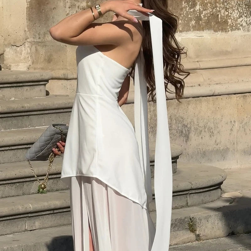 2025 New Strapless Dress With Ribbon Women's Elegant Sleeveless Mesh Beach Vacation Long Dress Spring Fashion Lady Dress