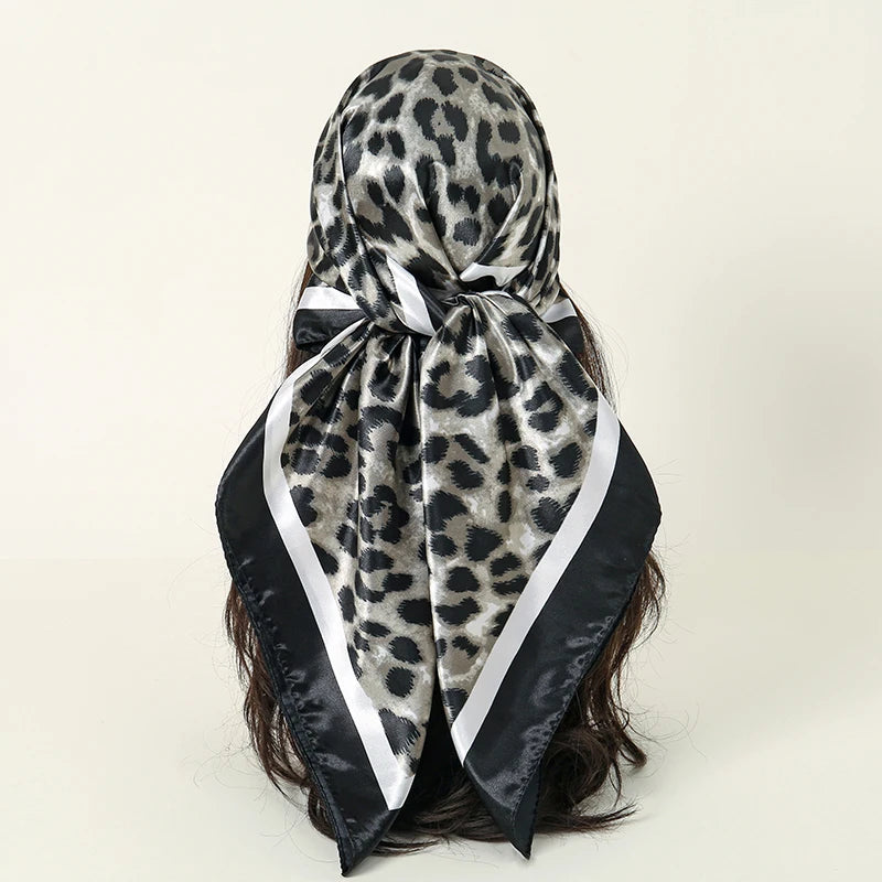 Leopard Square Silk Scarf Women Luxury Brand Satin Print Hijab Scarves Pareo Bandana Female Shawl Wrap Headband Foulard 90*90cm