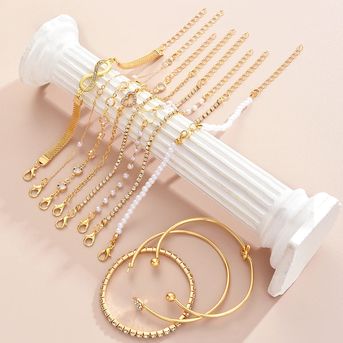 11 Pcs Boho Pearl Crystal Heart Infinity Sign Bracelets for Women Vintage Elegant Gold Color Bracelets Sets New Vacation Jewelry