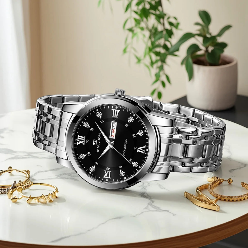 VA VA VOOM Top Brand Luxury Men Watch Week Quartz Movement Business Clock Black Stainless Steel 3Bar Waterproof Couple Men Watch