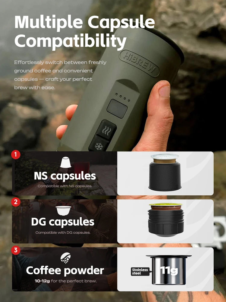 HiBREW H4C Portable Espresso Coffee Machine 3in1 Travel Coffee Maker 7500mAh Lithium Battery Self-Heating Ns DG Capsule & Ground