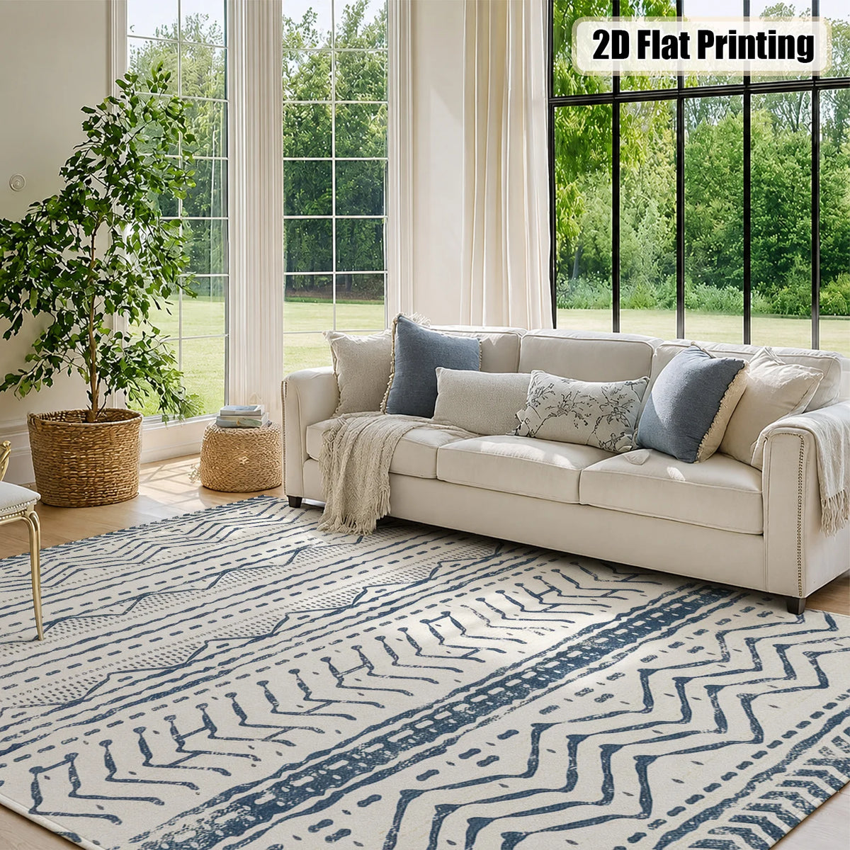 Large Indoor Area Rug: Soft Velvet, Low Pile, Non-Slip Dotted Backing, Machine Washable Navy Blue Tribal Geometric Zigzag Striped Rug for Living Room, Bedroom, Entryway