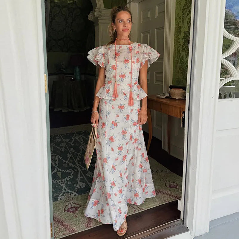 Women Printed V Neck Long Dress Flared Sleeve Lotus Leaf Edge High Waist Slim Fit Maxi Dresses Lady Elegant Evening Party Dress
