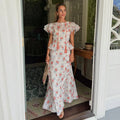 Women Printed V Neck Long Dress Flared Sleeve Lotus Leaf Edge High Waist Slim Fit Maxi Dresses Lady Elegant Evening Party Dress