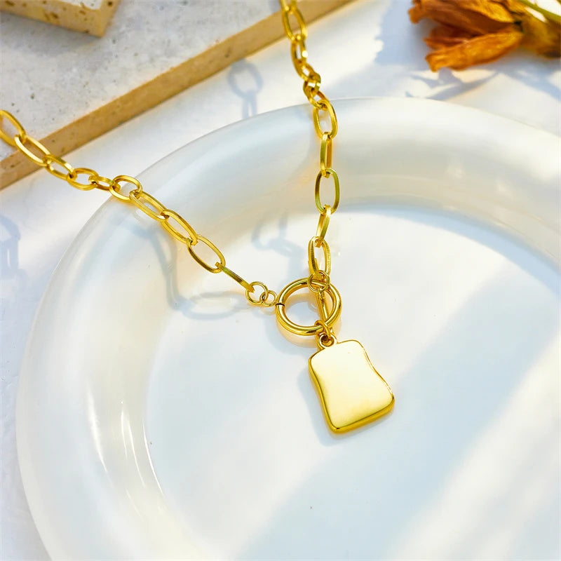 DIEYURO 316L Stainless Steel Geometric Trapezoidal Pearl Oyster Pendant Necklace For Women New OT Buckle Chains Jewelry Gifts