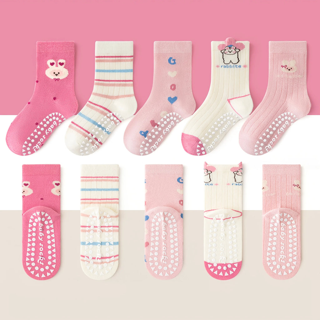 5-Pack Children's Floor Socks with 3D Bunny and Floral Patterns, Anti-Slip Dots, Soft Sole for Girls, Babies, and Toddlers, Indoor Non-Slip Striped Letter Socks, Suitable for Casual Daily Life