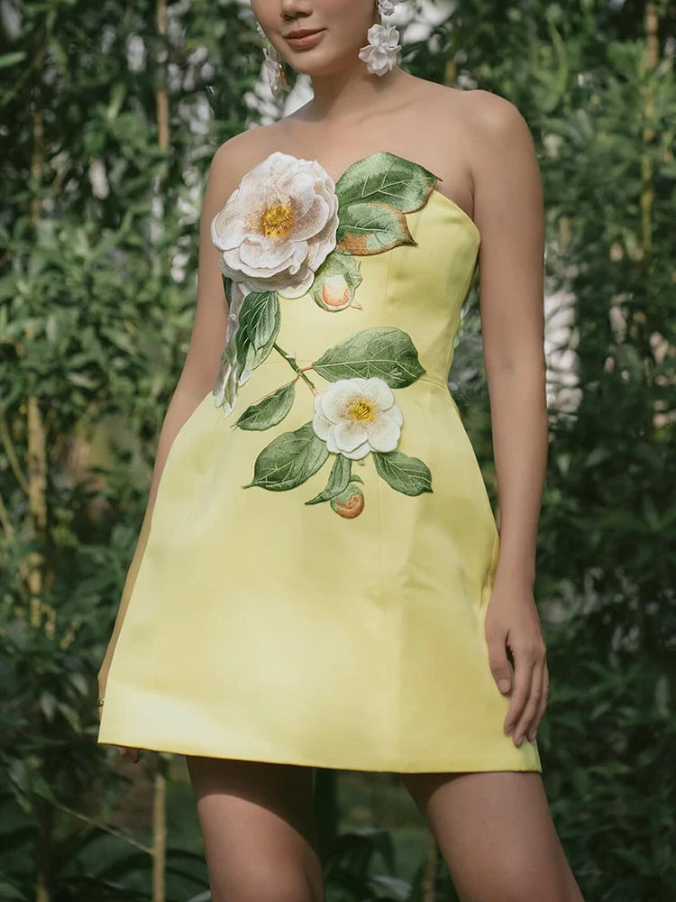 Sexy Strapless Embroidered Flower Mini Dress Women Yellow Sleeveless Backless Floral A-line Dresses Evening Party Cocktail Gowns