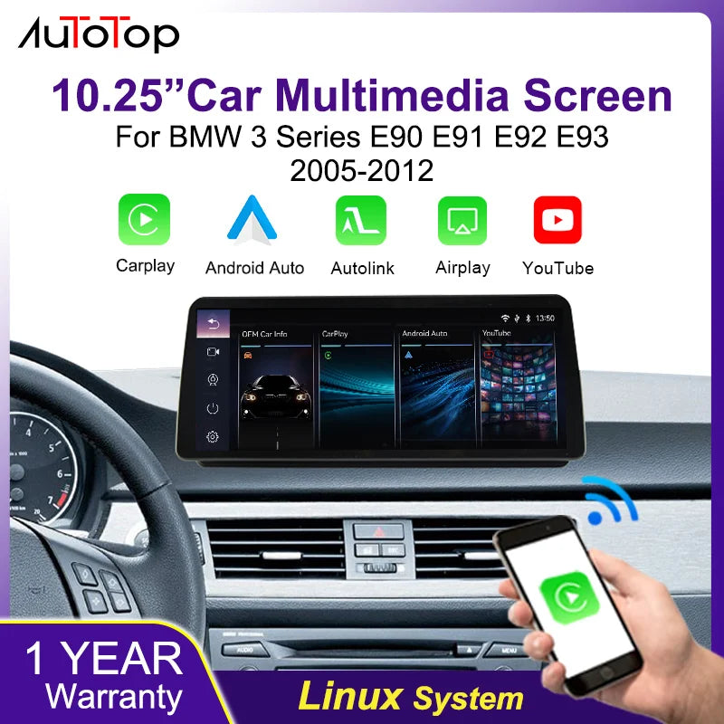 AUTOTOP 10.25" Linux Carplay Touchscreen For BMW 3 Series E90 E91 E92 E93 Left Hand Drive Car Without Original Screen (2005-2012) With Car Multimedia Screen Support Player Wireless Carplay Android Auto Airplay YouTube