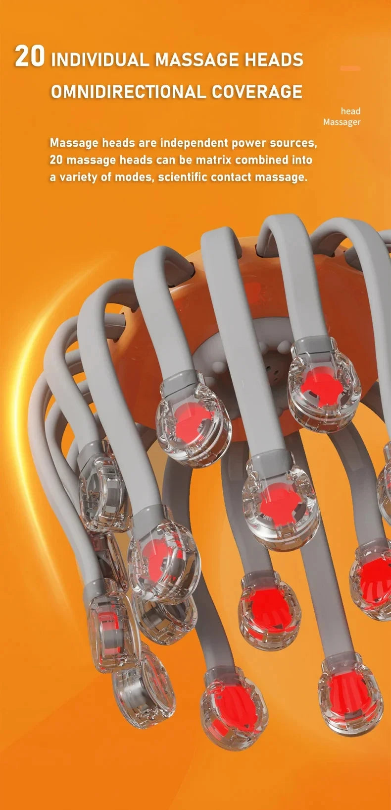 20Massage Heads Orange Scalp Head Massager Red Light Vibrator Octopus Scratcher For Relaxation Stress
