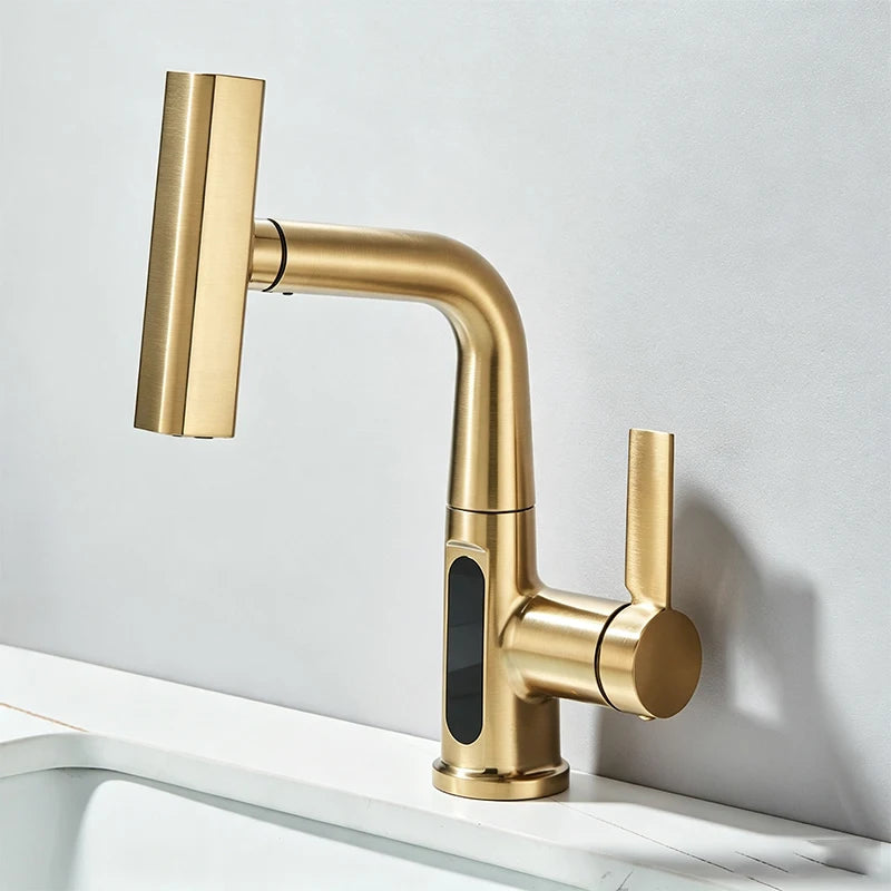 Intelligent Digital Display Pull Out Kitchen Faucet Cold Hot Mixer Taps Rotatable Sink Lifting Basin Faucet