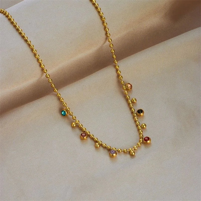 316L Stainless Steel Multicolor Crystal Zircon Necklace For Women Fashion Lady Ball Chain Wedding Party Jewelry Gifts