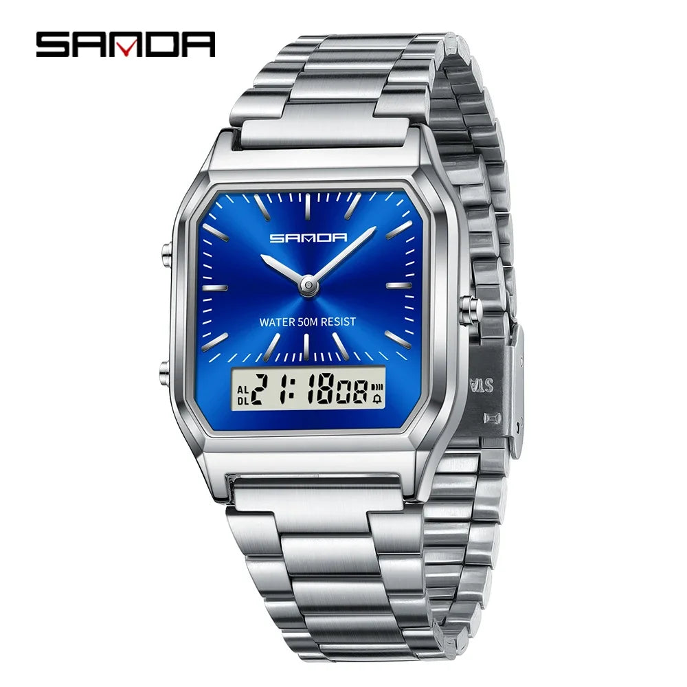 SANDA 747 Men's Quartz Digital Watch Waterproof Casual Fashion Watch Wear-resistant Stainless Steel Couple Strap Square Watch