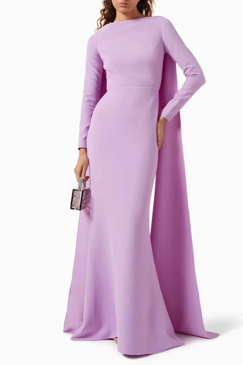 Customized Women Lilac Cape Sleeve Evening Dress Boat Neck Long Sleeve Mermaid Floor Length Formal Wedding Guest Party Gown