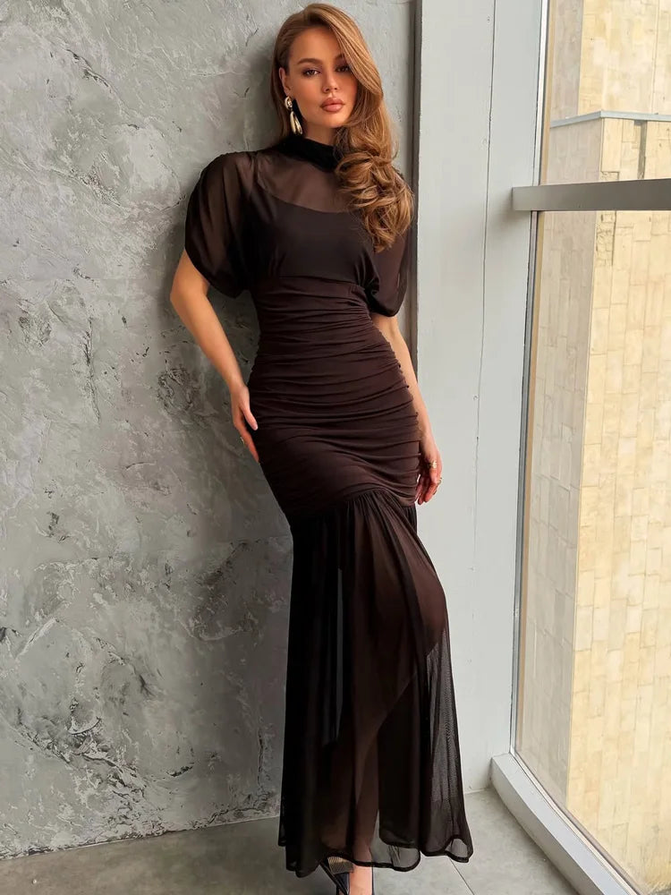 Tossy Black Mesh Fashion Maxi Dress For Women Sleeveless See-Through Patchwork Pleated Party Dress Female Autumn Long Dress 2025