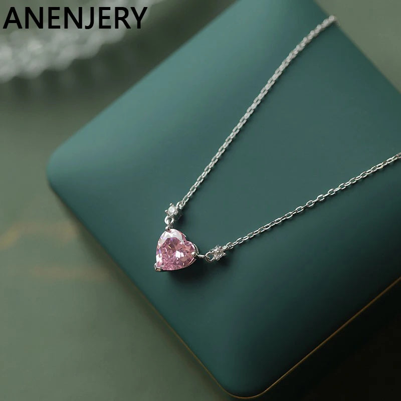 ANENJERY Pink Zircon Love Heart Necklace for Women New Fashion Sweet Design Clavicle Chain collares para mujer