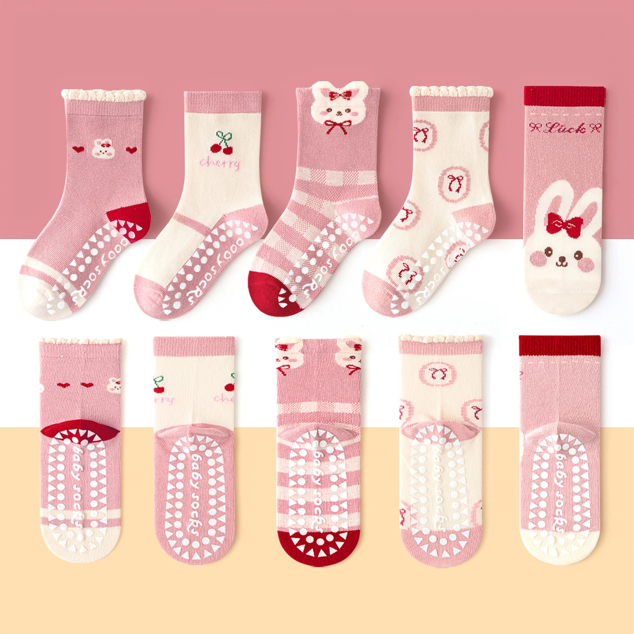 5-Pack Children's Floor Socks with Pink Bow and Bunny Pattern, Non-Slip Soft Sole Indoor Socks for Girls, Babies, and Toddlers, Featuring Cherry Fruit and Letter Designs, Suitable for Casual Daily Life